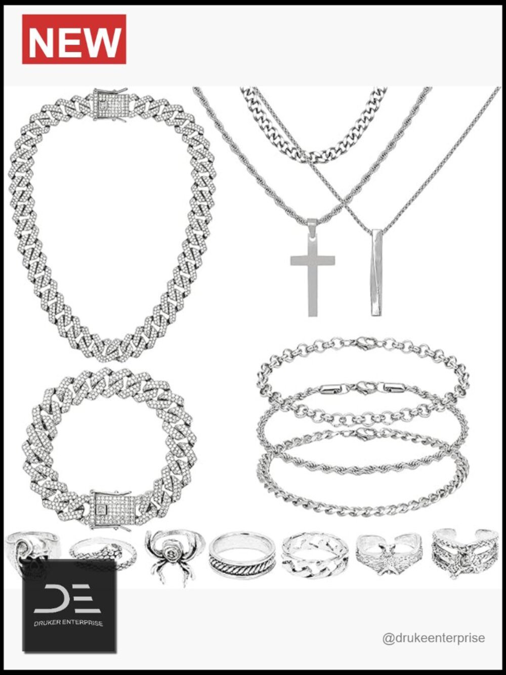 15-Piece Stainless Steel Cuban Link Jewelry Set for Men